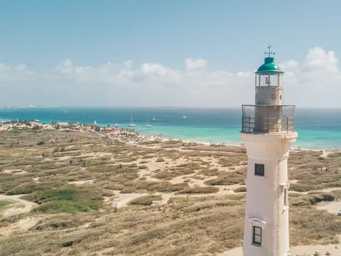 California Lighthouse looking across Aruba's arid coastline and Caribbean sea.