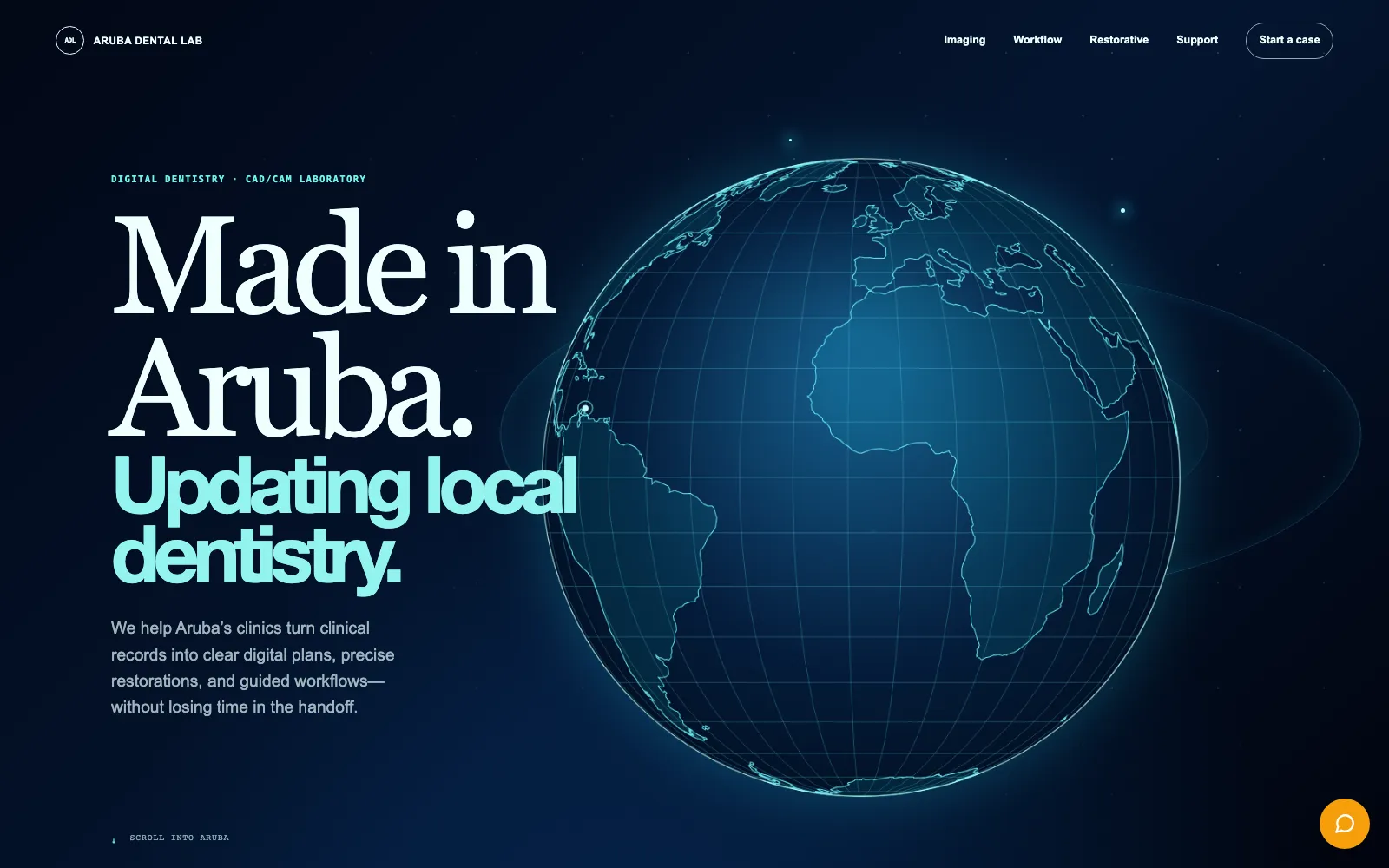 Aruba Dental Lab homepage reading Made in Aruba beside a wireframe globe.