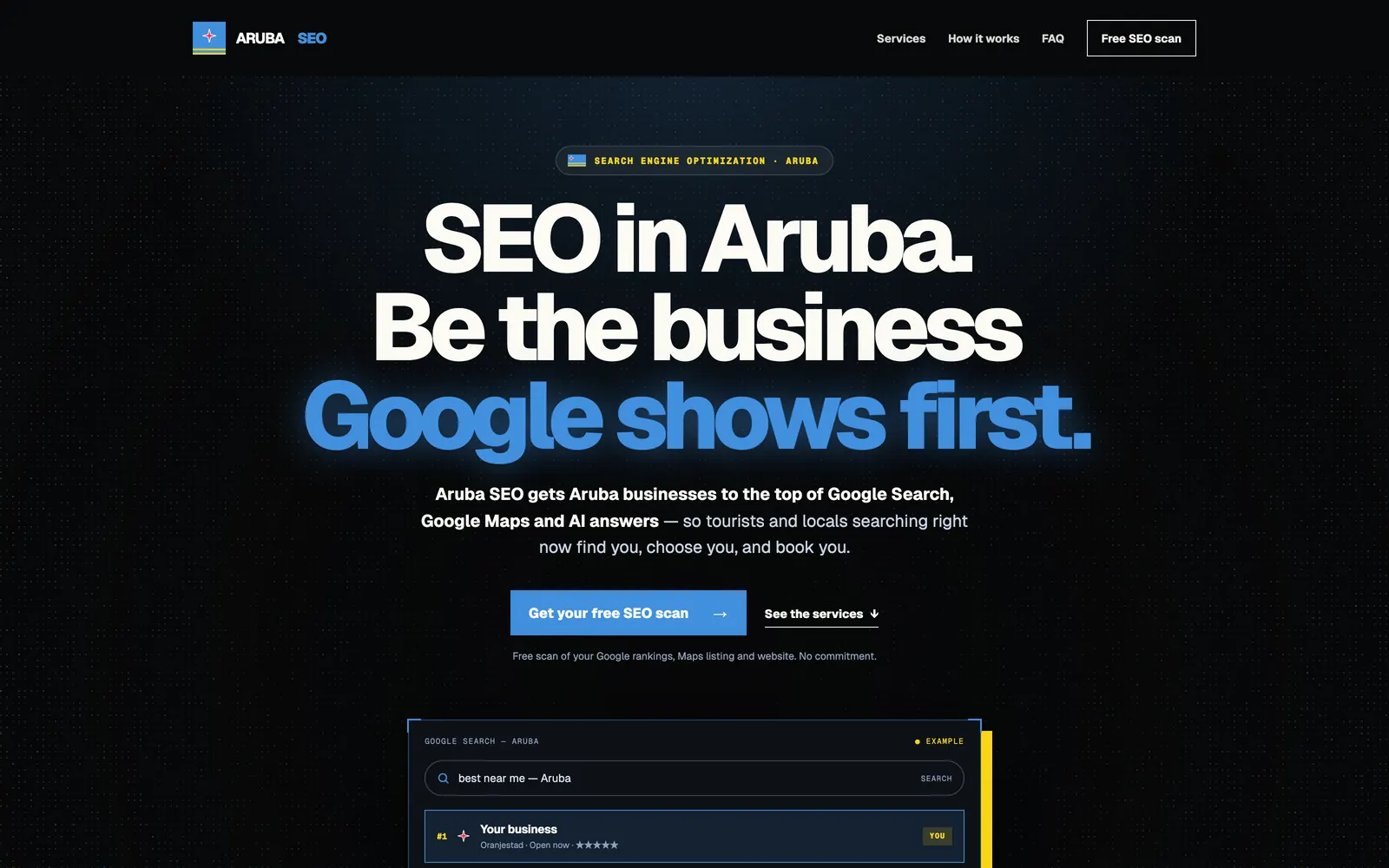 Aruba SEO homepage reading Be the business Google shows first, above a mock Google result.