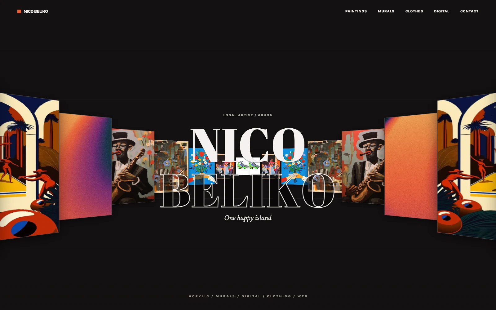 Nico Beliko homepage: the NICO BELIKO wordmark centred inside an arc of his paintings.