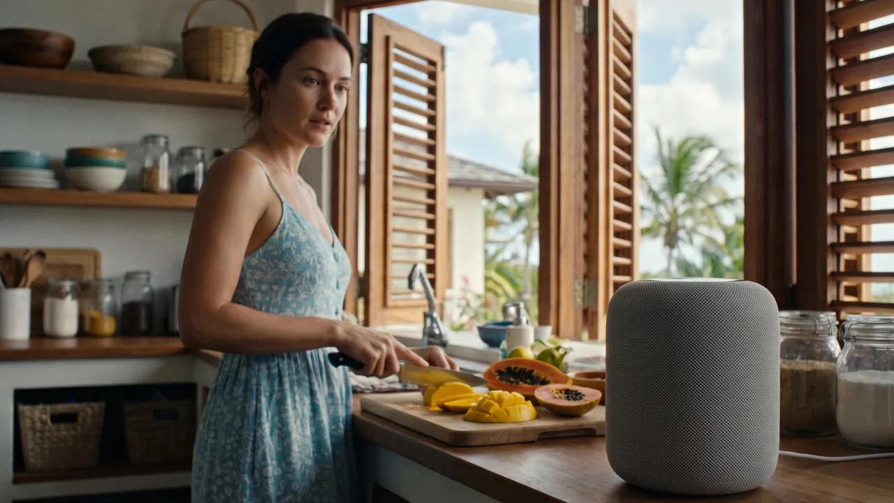 A smart speaker on a kitchen counter while someone asks it a question as they slice fruit.