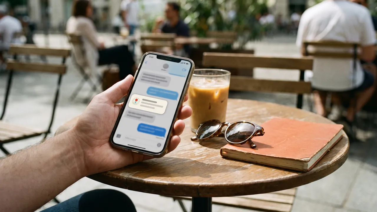 A hand holding a phone that shows an assistant's answer with a map card, at a terrace table.