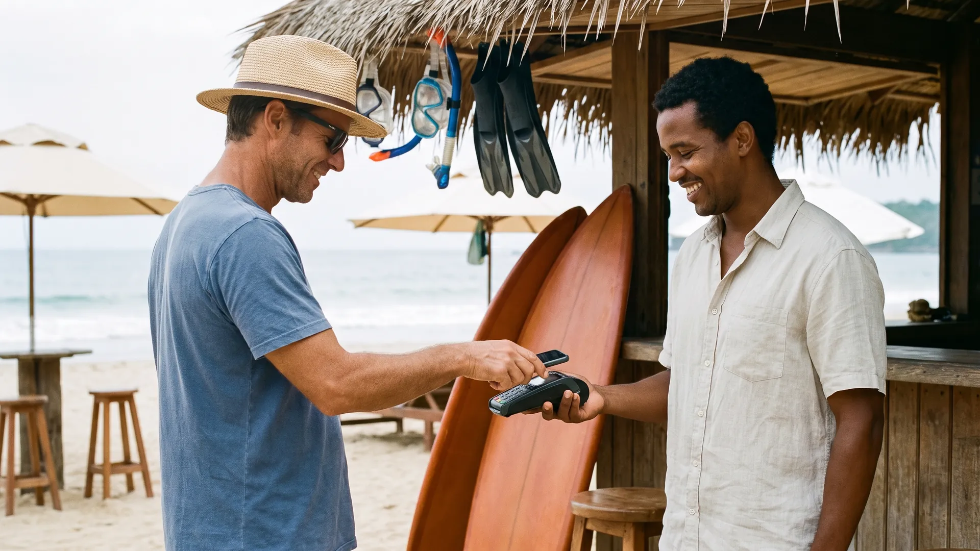 A beach kiosk owner holding out a card reader while a customer in a straw hat pays with a phone.