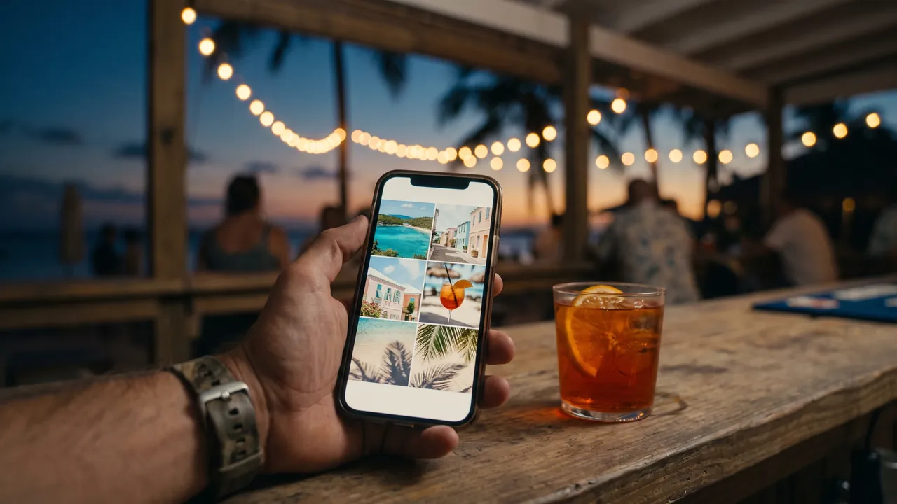 A hand holding a phone with a grid of island photos at a beach bar at dusk, string lights behind.