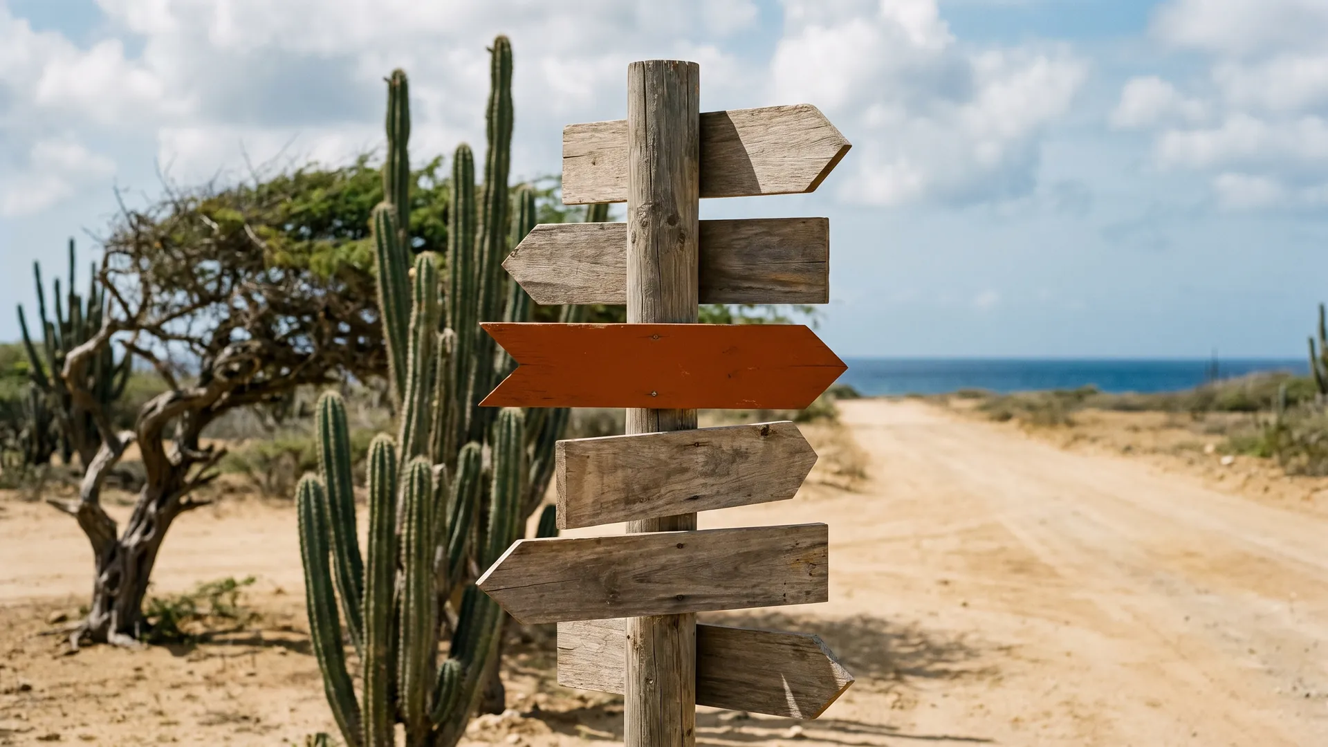 A wooden signpost at a sandy crossroads with blank arrows, one painted orange, and a dirt road leading to the sea.