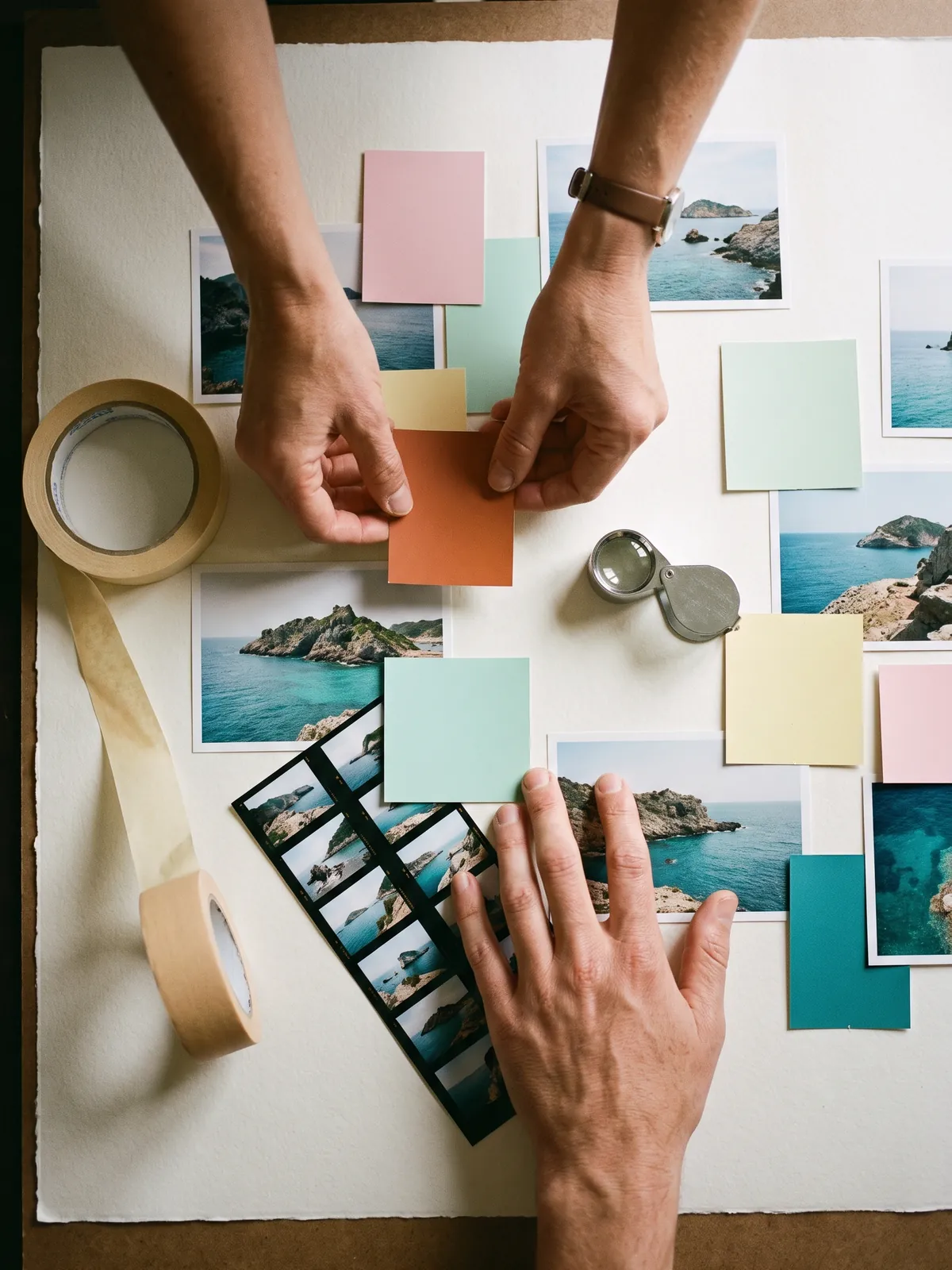 Hands arranging coastal photo prints and pastel colour chips on paper, placing one burnt-orange chip.