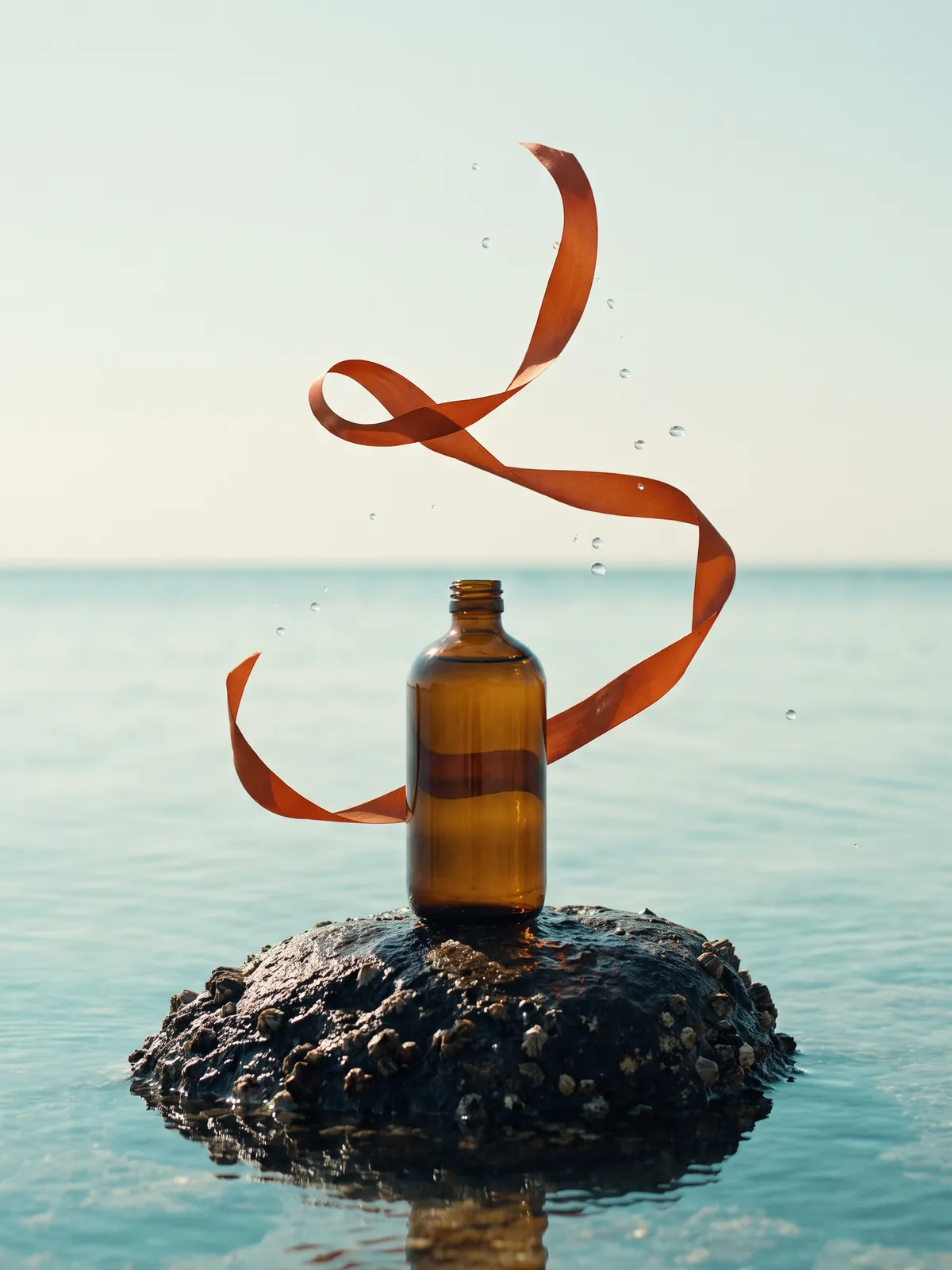 An amber glass bottle on a wet rock in still turquoise water, an orange ribbon suspended in the air around it.