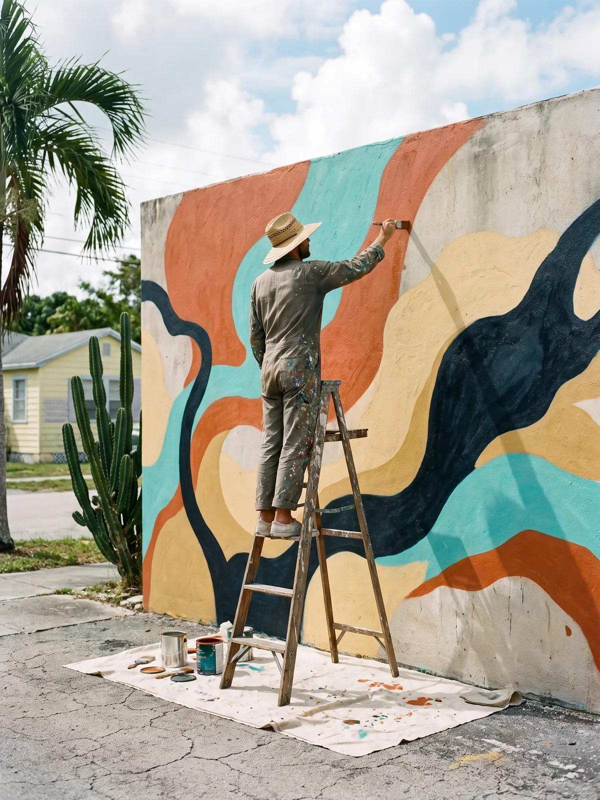 An artist in a straw hat on a ladder painting a large orange, turquoise and black mural on a white wall, beside a palm and a cactus.