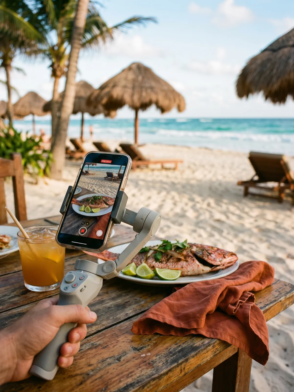 A phone on a gimbal filming a plated fish and a cocktail at a beach restaurant table.