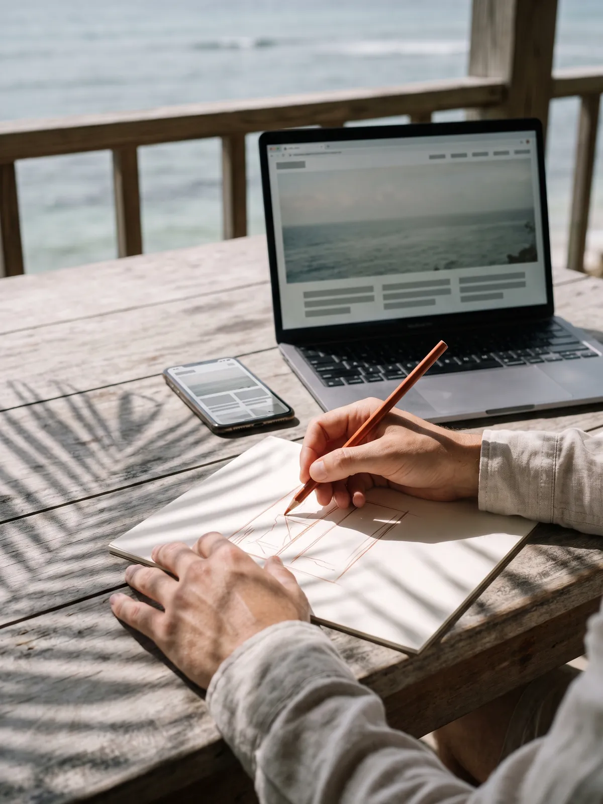 Hands sketching a page layout in a notebook beside a laptop and a phone on a wooden veranda table above the sea.