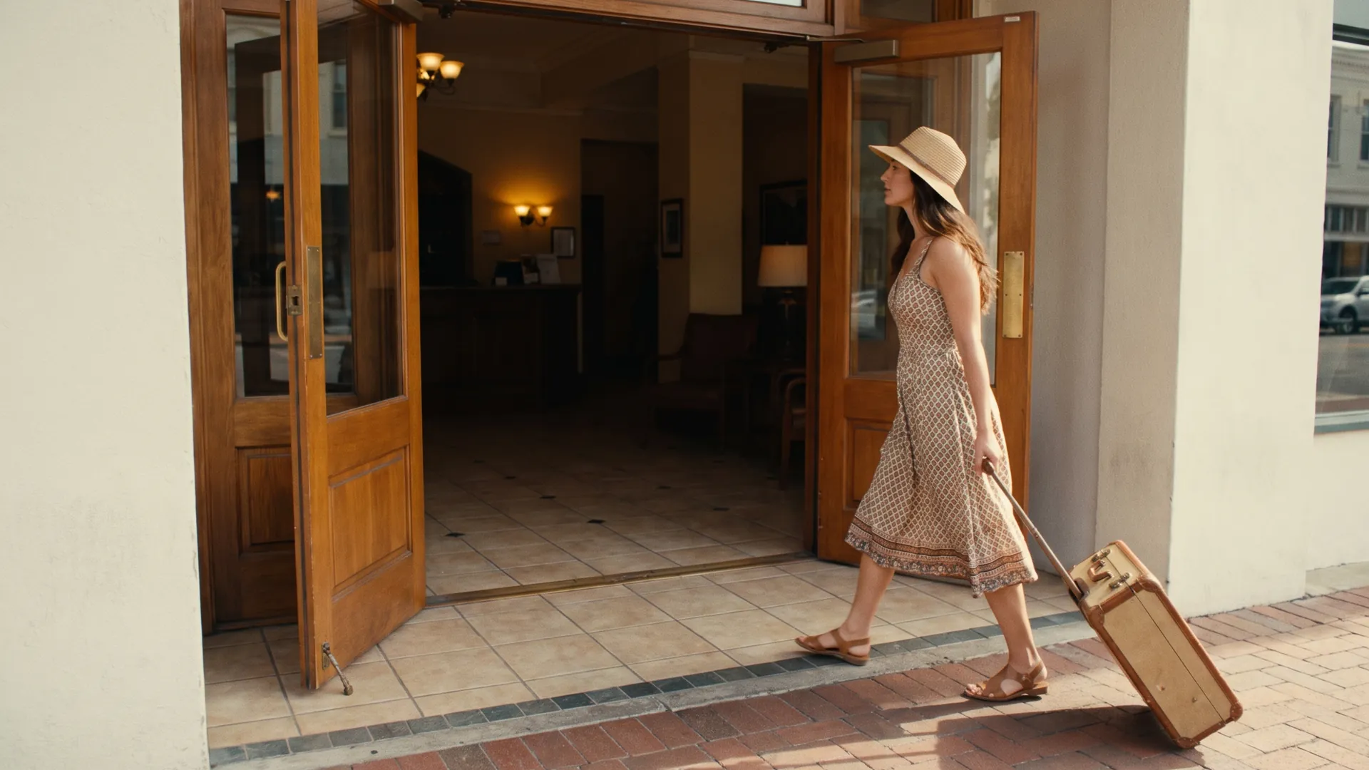 A guest in a sun dress and straw hat pulling a small suitcase through the open doors of a small hotel.