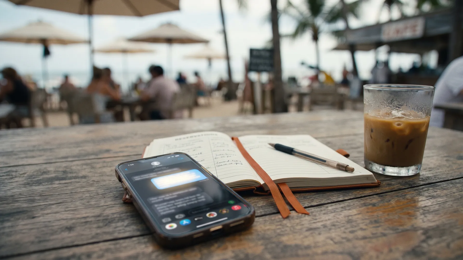 A phone showing a new message on a beach café table beside an open reservations book with an orange ribbon.