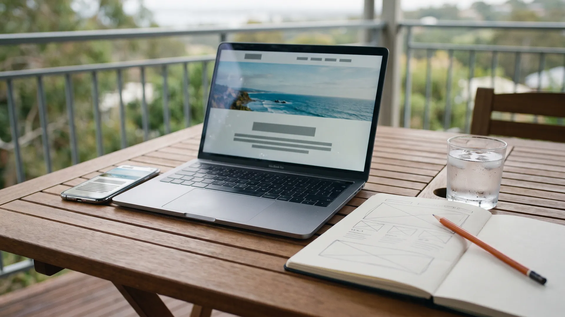 A laptop and a phone showing the same website layout on a wooden veranda table, a sketchbook and an orange pencil beside them.